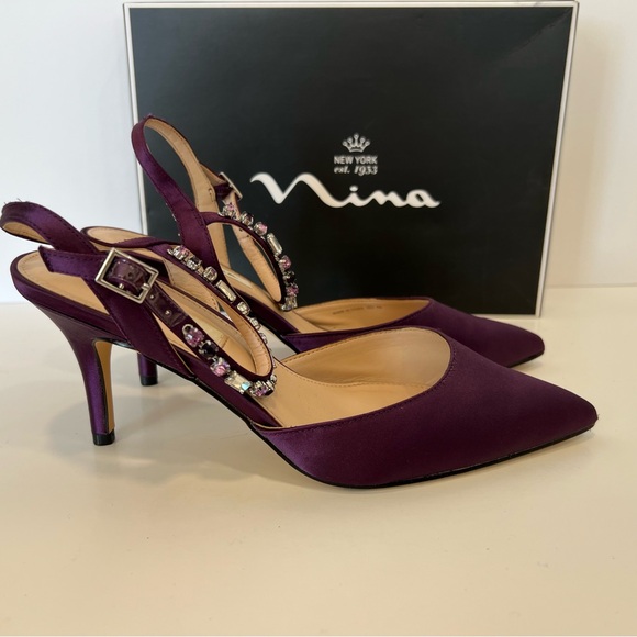 Nina Tonya Leather Sole Eggplant Satin heels with bejeweled ankle strap Size 8.5 - Picture 5 of 5